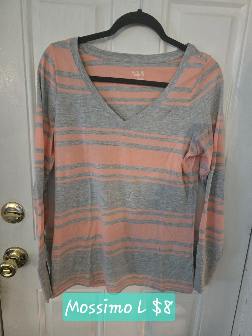 Mossimo Supply Co. Gray and Coral Striped Long-Sleeve V-Neck Top